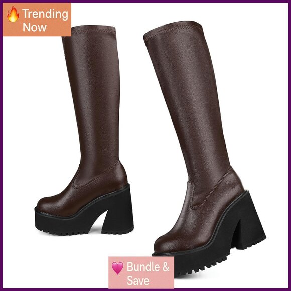 Shoes - Knee High Platform Chunky Heel Combat Boots, Elastic Leather, Zipper & Lace
